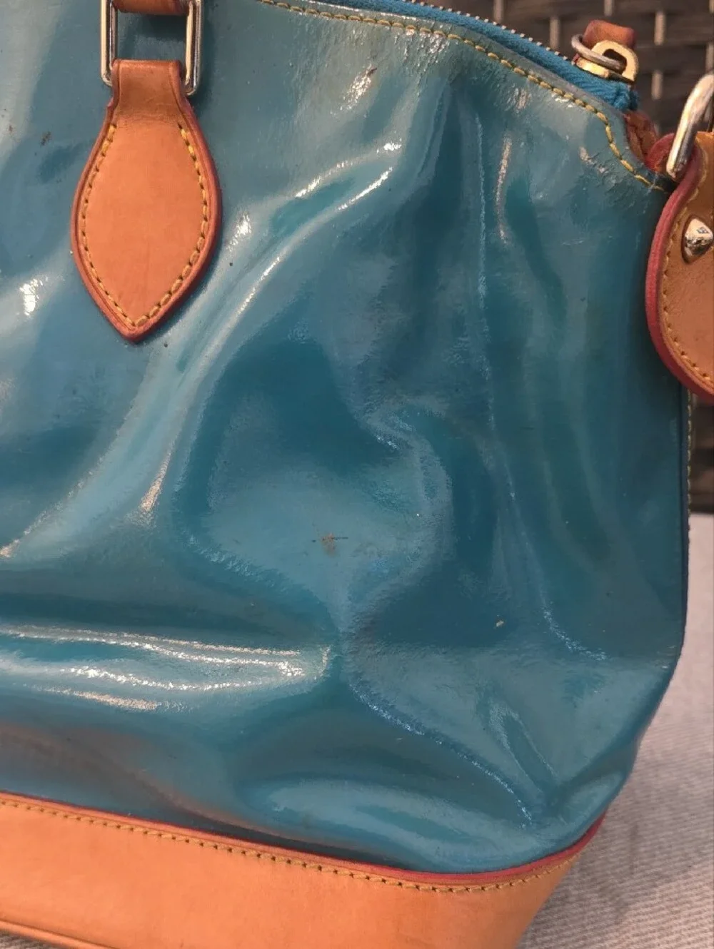 Dooney & Bourke Teal Patent Leather Zip Zip Domed Satchel Bag, Needs Cleaning